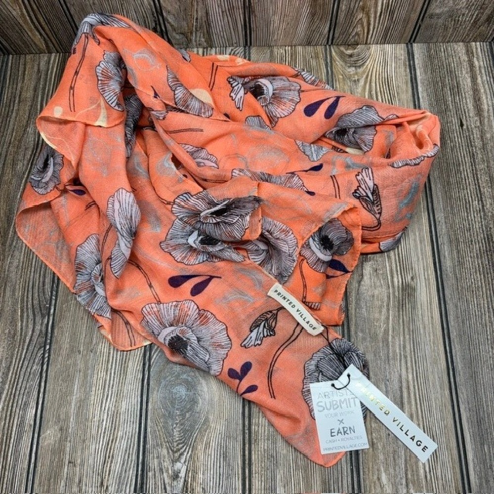 NWT Printed Village Scarf Women's One Size Peach Orange Flowers